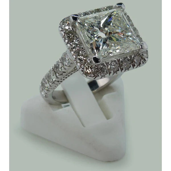 9 Carats Huge Princess Real Diamond Ring With Accents White Gold 14K