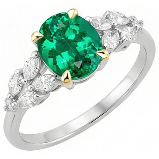 Earth-Mined Colombian Emerald Precious Stone Ring 2 ct 14 Karat Two Tone Gold – front view