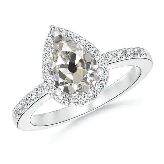 Anniversary Halo Ring Pear Old European Natural Diamond 3 Carats Jewelry Large Cutlet