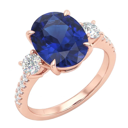 Anniversary Oval Ceylon Sapphire Ring 3 Stone Style Natural Earth Mined Diamonds 5 Carats