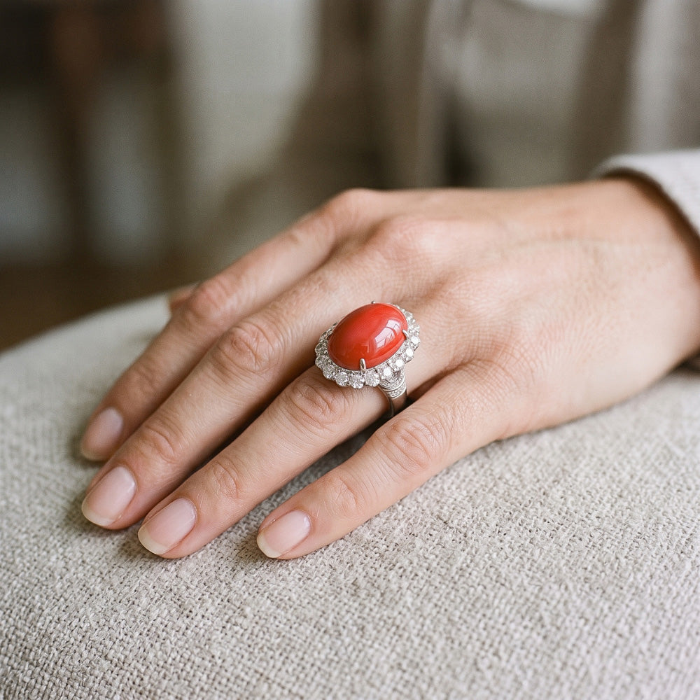 Anniversary Ring 12 Carats Prong Set Red Coral White Gold 14K