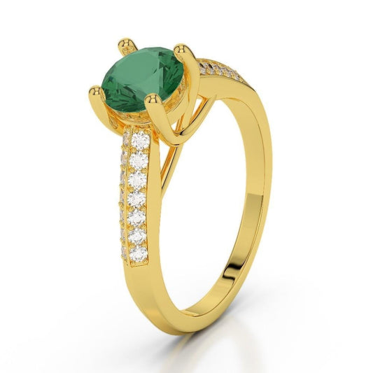 Anniversary Ring 2.25 Ct Round Cut Green Emerald And Diamonds Yellow Gold