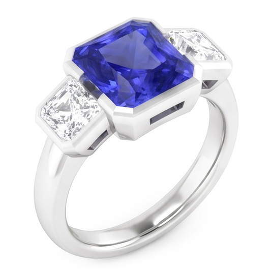 Anniversary Ring Asscher Natural Earth Mined Diamond Radiant Sapphire 3 Carats 3 Stone