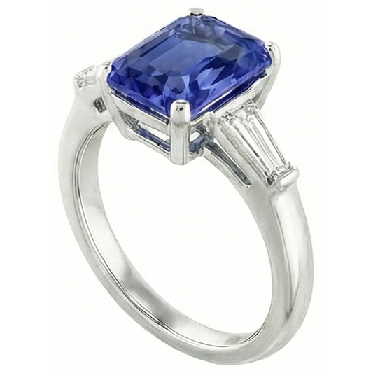 Anniversary Ring Radiant Cut Sapphire & Baguette Natural Earth Mined Diamonds 3.50 Carats