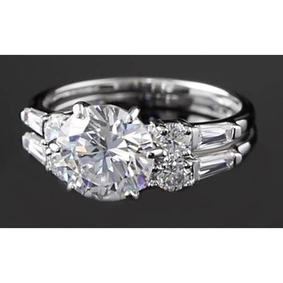 Anniversary Ring Round & Baguette Real Diamonds 4.50 Carats White Gold 14K