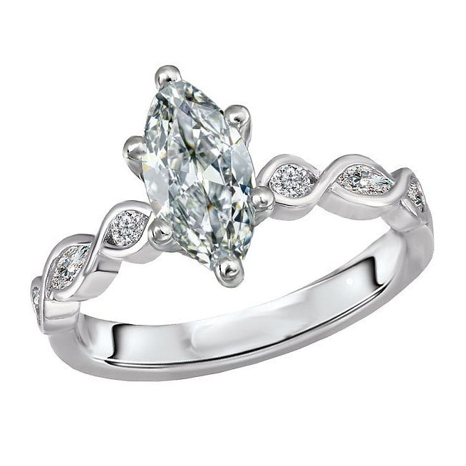 Fine Diamond Marquise Cut Solitaire Ring with Accents in 14K White Gold – main view
