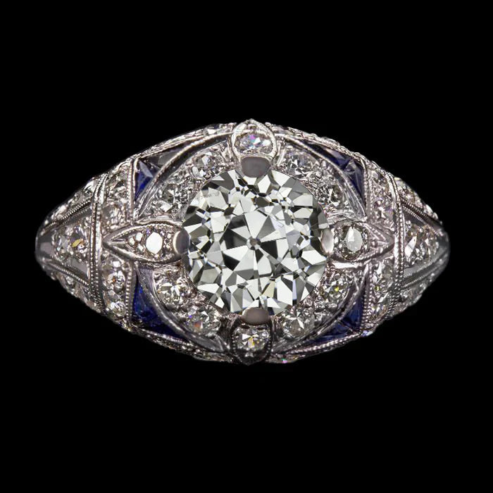 Antique Style Art Deco Jewelry New Old Cut Natural Diamond Blue Sapphire Ring