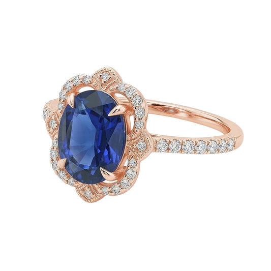 Antique Style Halo IGI CERTIFIED Diamond Ring Flower Style Blue Sapphire 6.20 Carats