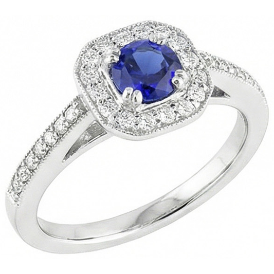 Antique Style Natural Earth Mined Diamond Halo Blue Sapphire Ring 3 Carats Milgrain Shank