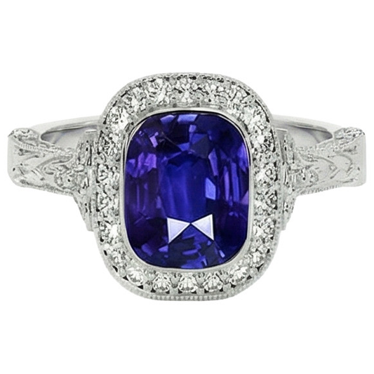 Antique Style Natural Earth Mined Diamond Ring Bezel Set Cushion Ceylon Sapphire 8 Carats