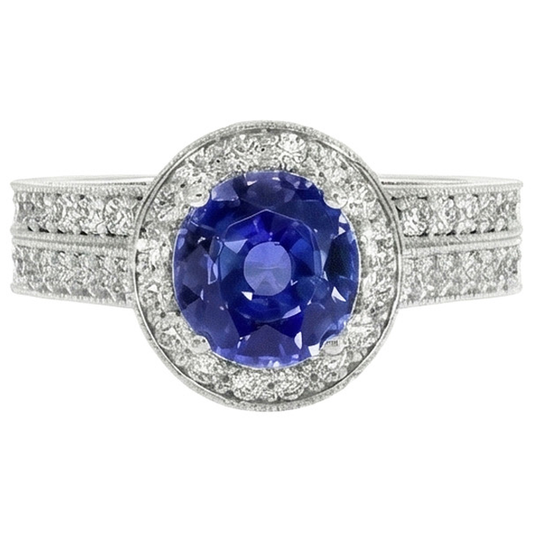 Antique Style Natural Earth Mined Diamond Ring Set 6 Carats Round Blue Sapphire White Gold