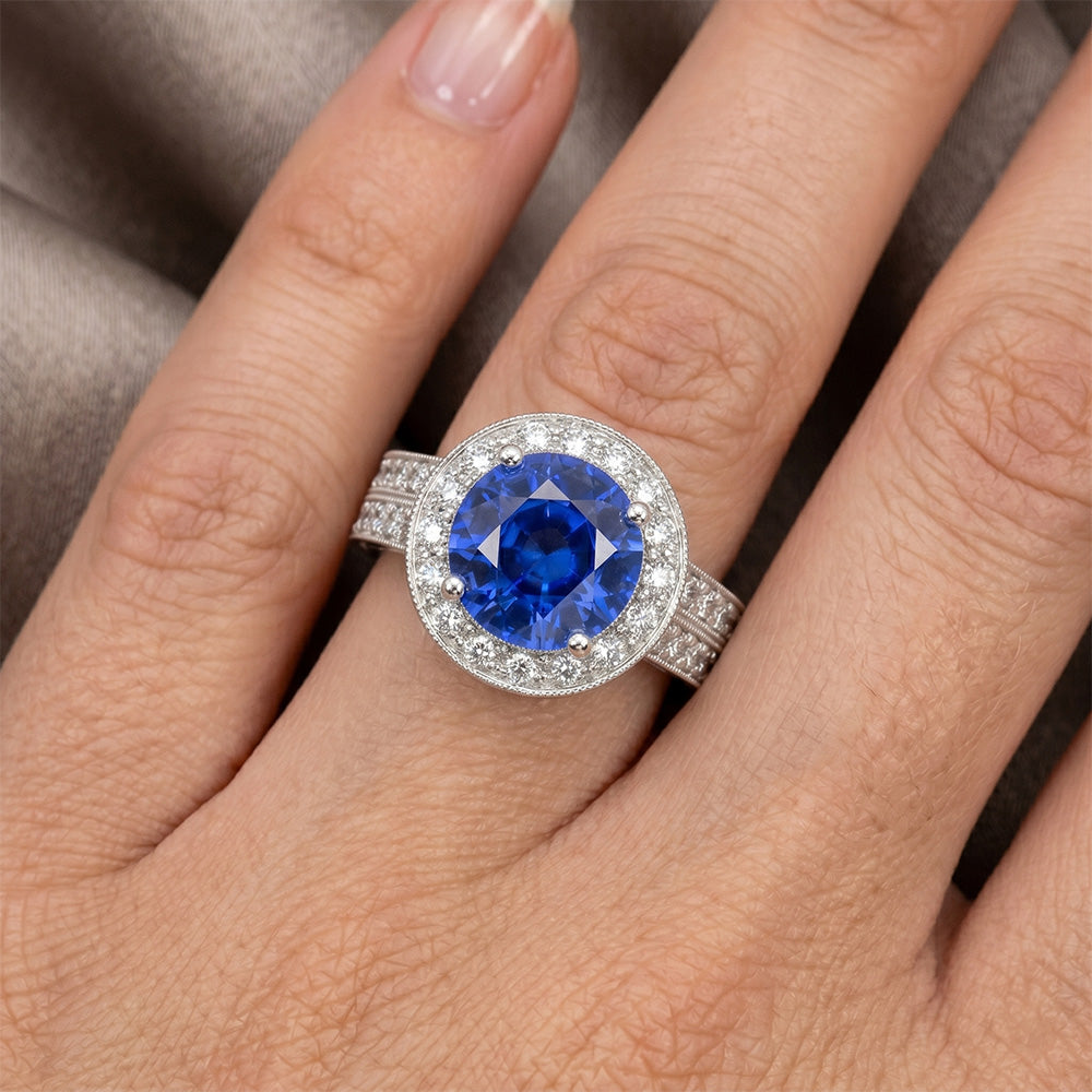 Antique Style Natural Earth Mined Diamond Ring Set 6 Carats Round Blue Sapphire White Gold