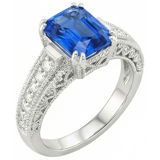 Antique Style Natural Earth Mined Diamond Sapphire Engagement Ring 4 Carats Double Prong