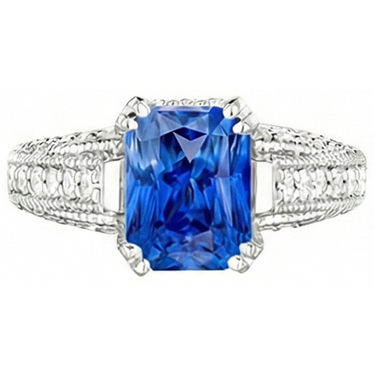 Antique Style Natural Earth Mined Diamond Sapphire Engagement Ring 4 Carats Double Prong