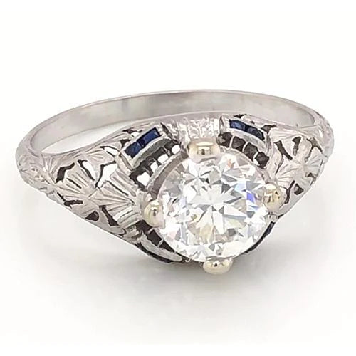 Antique Style Real Diamond Ring 1.50 Carats Blue Sapphire White Gold 14K