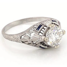 Antique Style Real Diamond Ring 1.50 Carats Blue Sapphire White Gold 14K