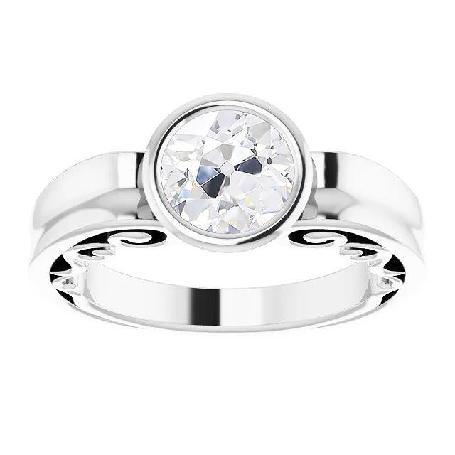 Antique Style Solitaire Round Old Cut Natural Diamond Ring Bezel Set 2 Carats