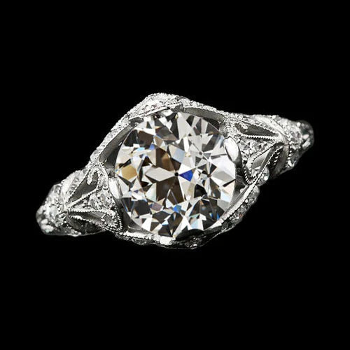 Antique Style Solitaire Round Old Miner Real Diamond Ring 2 Carats Milgrain