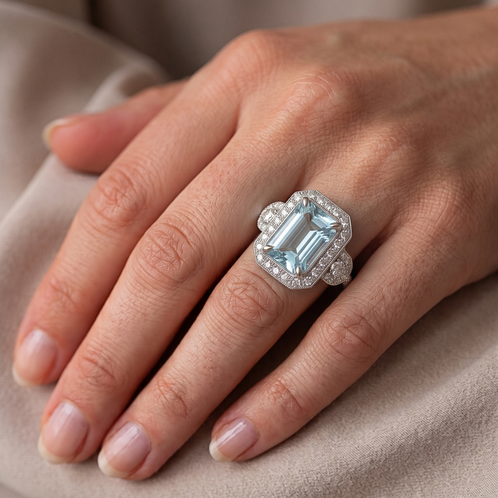 Aquamarine And Natural Earth Mined Diamonds 5.80 Ct Anniversary Ring New White Gold 14K
