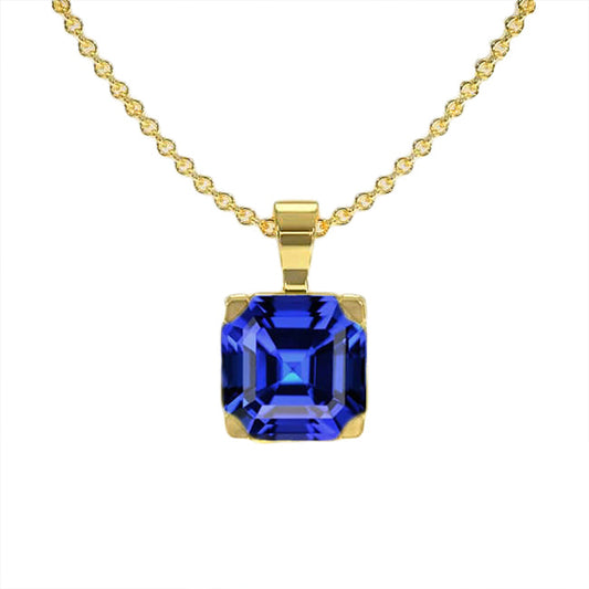 Cornflower Blue Sapphire Asscher Stone Pendant Necklace in 14 Karat Yellow Gold – main view