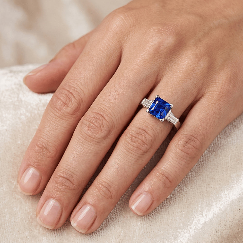 Baguette Natural Earth Mined Diamond 3 Stone Ring Radiant Light Blue Sapphire 2.50 Carats