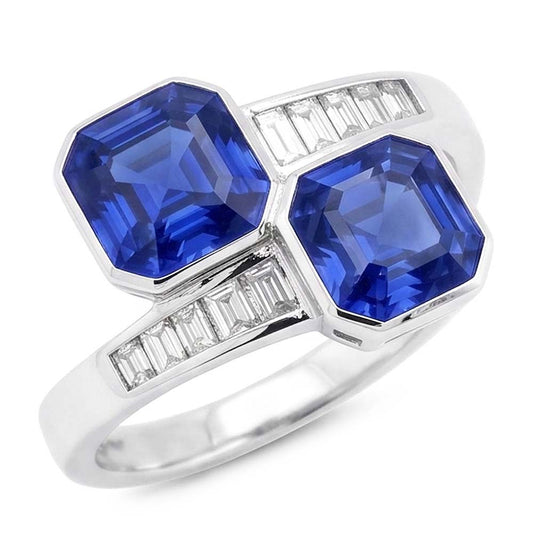 Baguette Natural Earth Mined Diamond Asscher Sapphire Ring Bezel & Channel Set 4.50 Carats