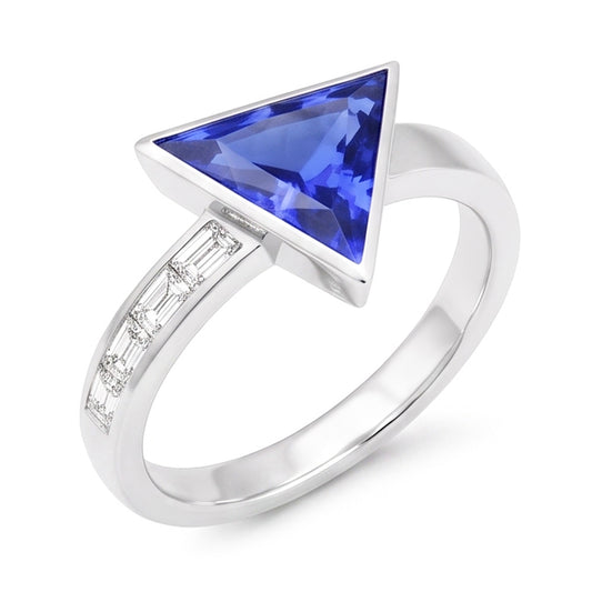 Baguette Natural Earth Mined Diamond Ring Trillion Bezel Set Blue Sapphire 1.75 Carats