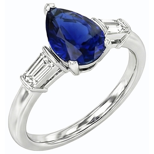 Baguette Natural Earth Mined Diamond Three Stone Ceylon Sapphire Ring 2.50 Carats