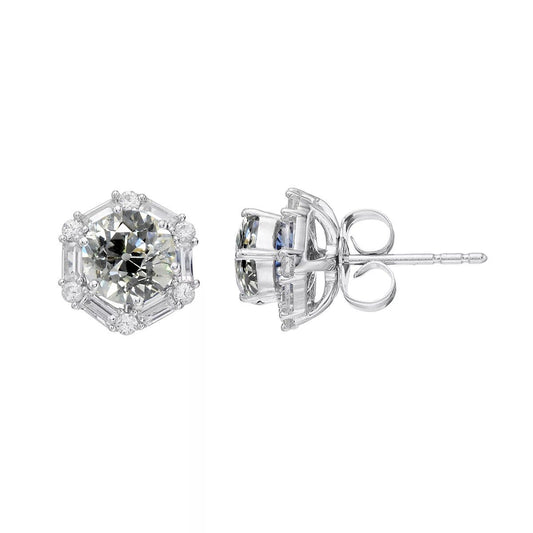 Baguette & Old Miner Halo Real Natural Earth Mined Diamond Studs Earrings 3 Carats Push Backs