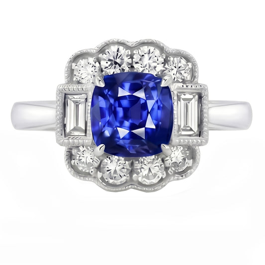 Baguette & Round Natural Earth Mined Diamond Halo Cushion Sapphire Ring 2.50 Carats Prongs