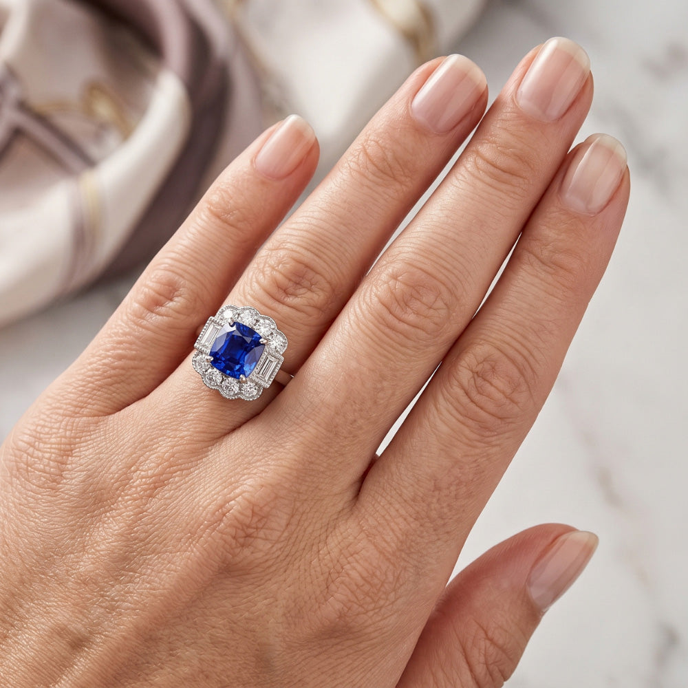 Baguette & Round Natural Earth Mined Diamond Halo Cushion Sapphire Ring 2.50 Carats Prongs