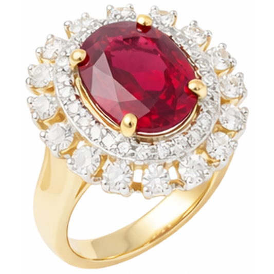 Beautiful Red Oval Shape Ruby With Natural Earth Mined Diamond Ring 7 Carats Yellow Gold