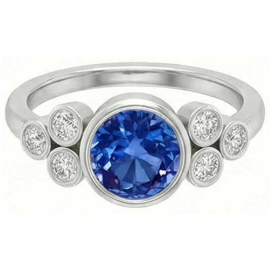 Bezel Set Ceylon Sapphire And Natural Earth Mined DIAMOND ( NOT LAB GROWN ) Ring White Gold 14K 2.70 Ct