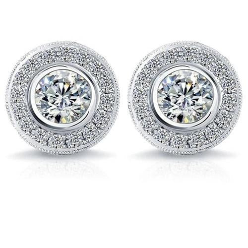 Bezel Set Round 3.40 Carats Natural Diamond Stud Halo Earrings White Gold 14K