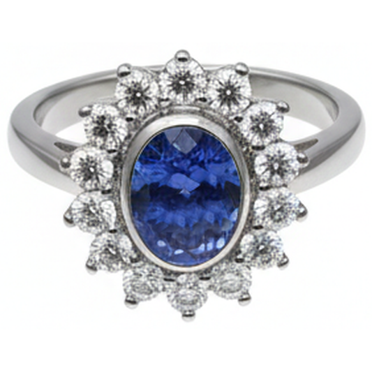 Bezel Set Tanzanite Oval Natural Earth Mined DIAMOND ( NOT LAB GROWN ) 3.30 Carats Ring White Gold