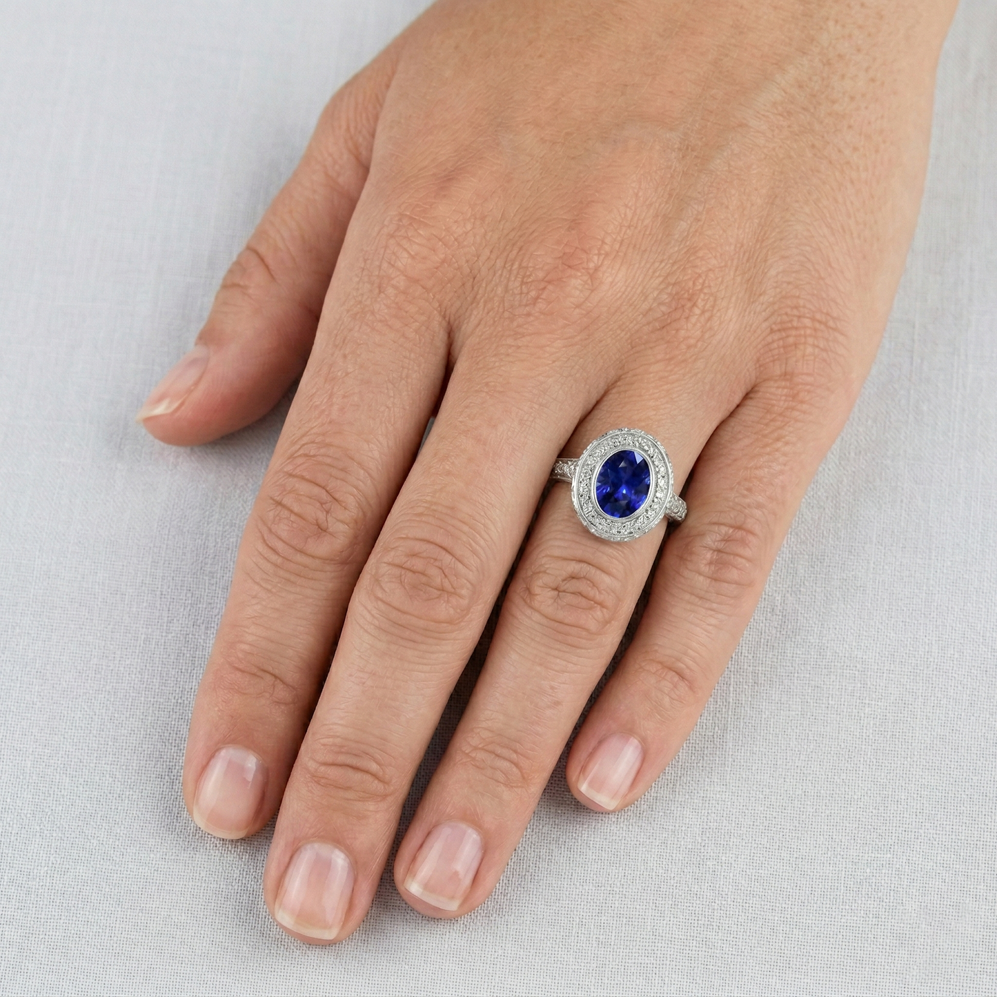 Bezel Set 3.40 Ct Halo Ceylon Sapphire And Natural Earth Mined DIAMOND ( NOT LAB GROWN )s Ring