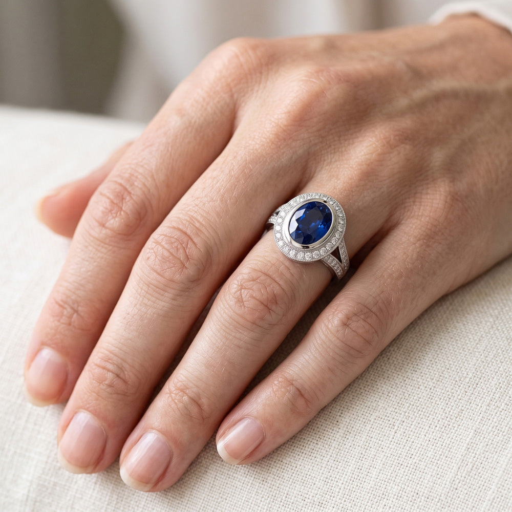 Big Ceylon Sapphire With Natural Earth Mined DIAMOND ( NOT LAB GROWN )s 4.75 Ct Ring White Gold 14K