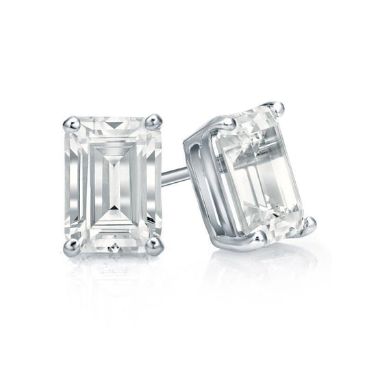 Big Emerald Cut Natural Diamond 5 Ct Stud Earrings White Gold 14K Prong Set