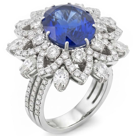 Big Oval Sapphire Natural Earth Mined Diamond Ring