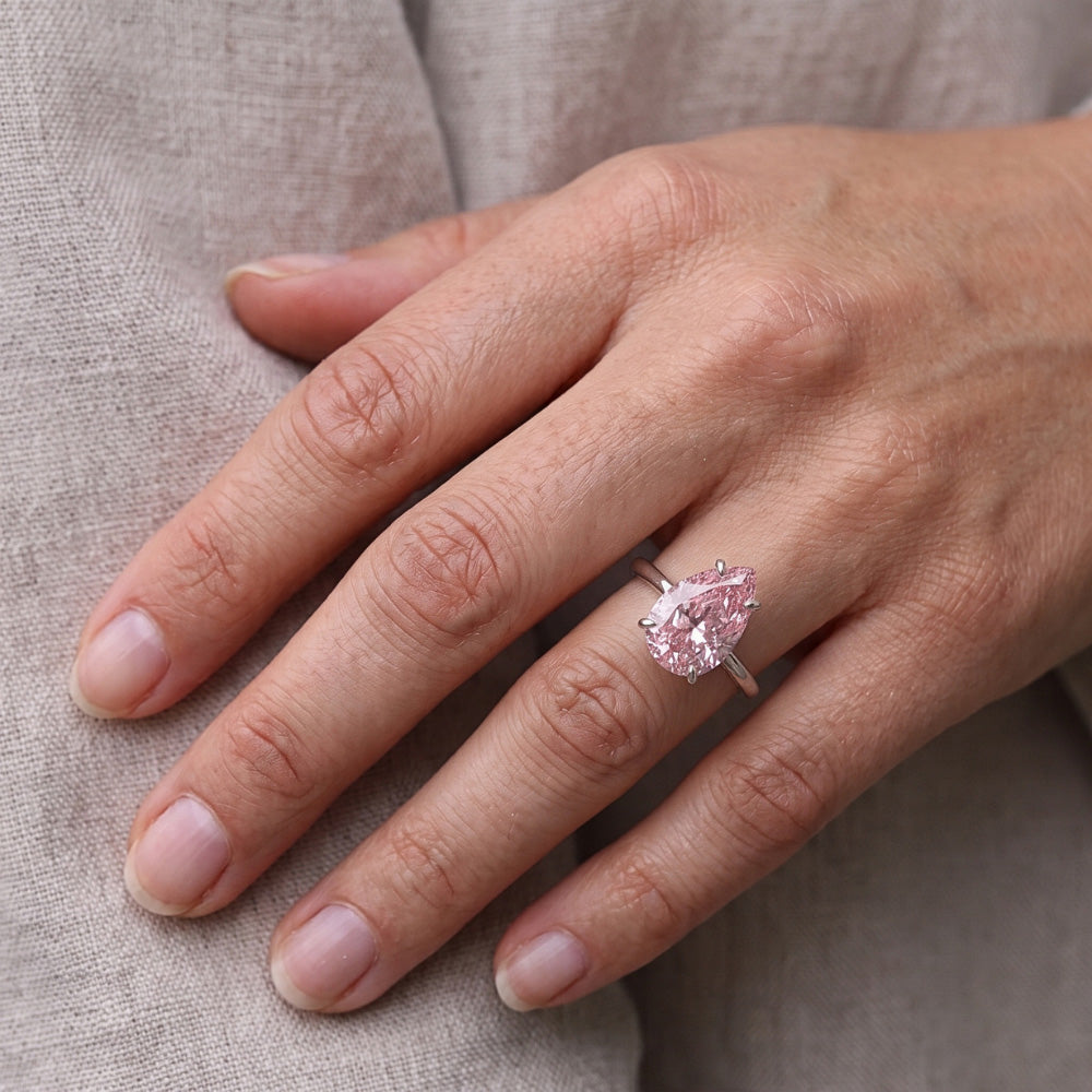 Big Pear Cut Solitaire 3 Ct Pink Sapphire Gemstone Ring Gold White 14K