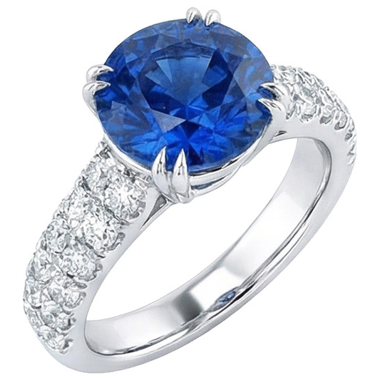 Big Round Natural Earth Mined Diamond Ring Genuine Blue Sapphire 6 Carats Prong Set Gold