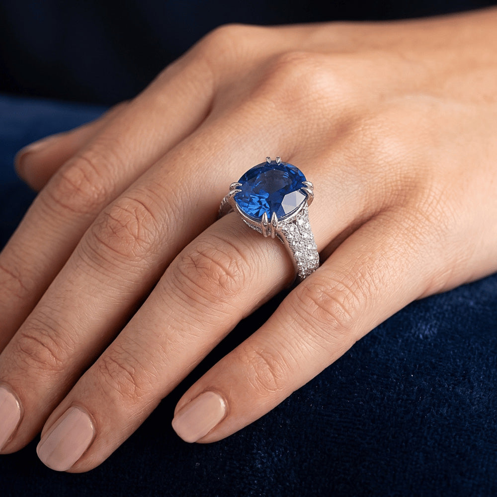 Big Round Natural Earth Mined Diamond Ring Genuine Blue Sapphire 6 Carats Prong Set Gold