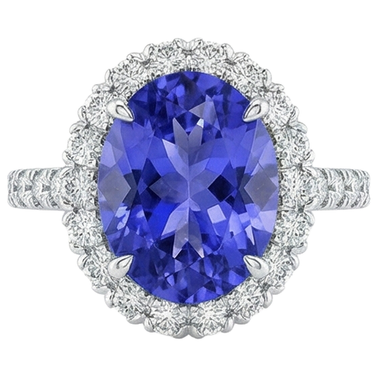 Big Tanzanite And Natural Earth Mined Diamonds 18 Carats Wedding Ring White Gold 14K