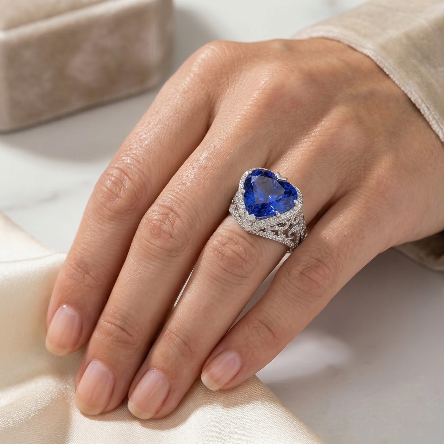 Big Heart Cut Blue Sapphire Ring