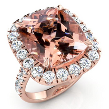 Big Cushion Morganite 12.50 Cts With Diamonds Ring Rose Gold 14K