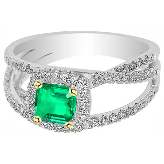 Cushion Cut Colombian Emerald ring in Two-Tone 14K Gold – front view