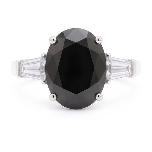 Black Diamond Gold Ring 3.6 Carat Natural Oval Baguette Three Stone 14K White