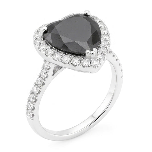 Black Diamond Proposal Ring 6 Carat Natural Heart Halo 14K White Gold