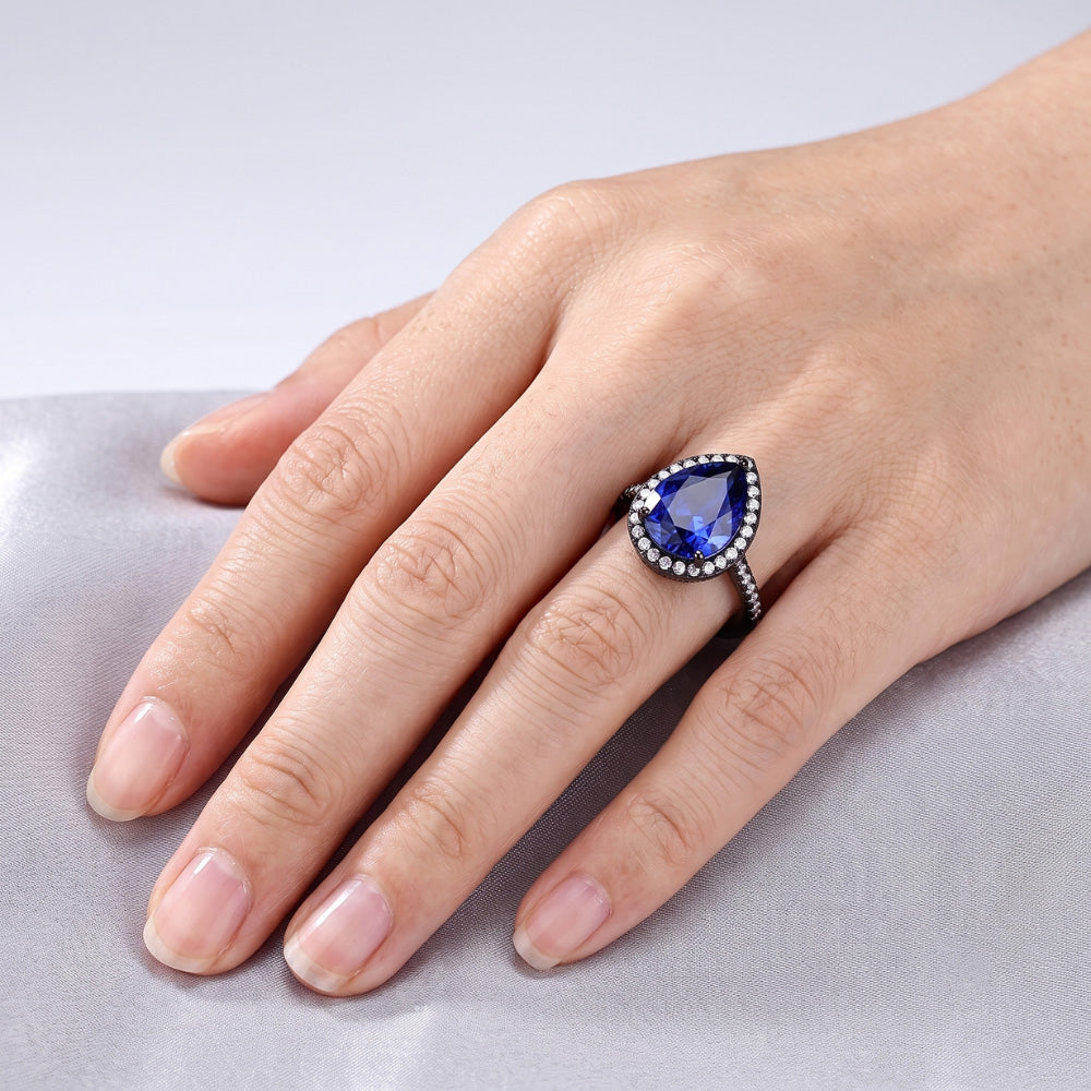 Black Gold Halo Pear Shaped Ring Blue Sapphire & Natural Earth Mined Diamonds 4 Carats