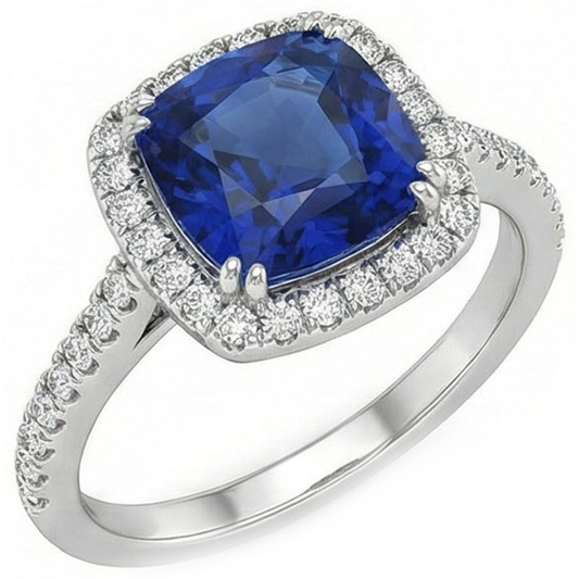 Blue Cushion Cut Sapphire Halo Natural Earth Mined Diamond Wedding Ring 3.5 Ct Gold 14K